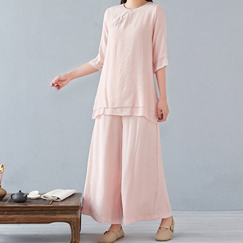 2Pcs Three Quarter Sleeve Long Sleeve Shirt Wide Leg Pants Meditation Cotton Linen Clothing Women's Set