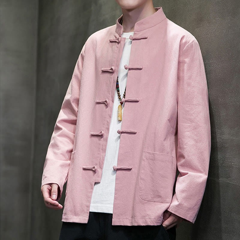 Solid Color Frog-button Tang Suit Cotton Linen Men's Jacket Shirt With Pockets