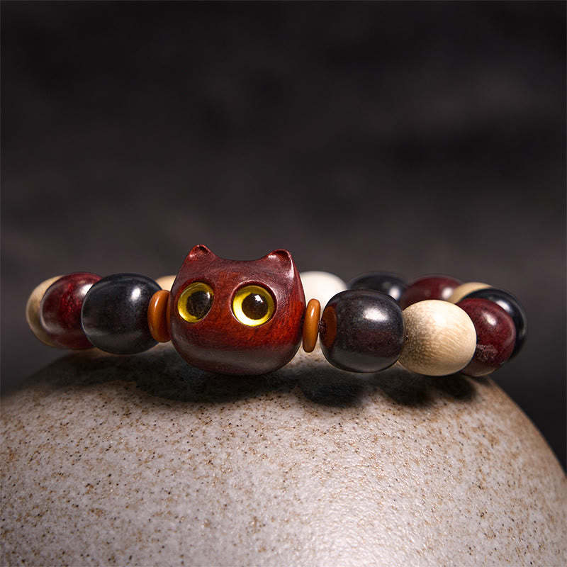 Small Leaf Red Sandalwood Ebony Wood Cute Cat Engraved Protection Bracelet