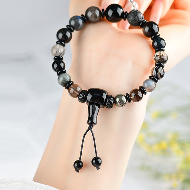 Five Elements Various Crystal Black Obsidian Wealth Wisdom Bracelet