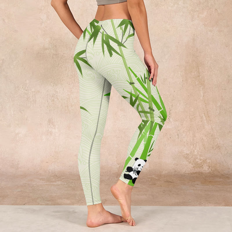 Lush Bamboo Panda Auspicious Cloud Waves Print Gym Leggings Women's Yoga Pants