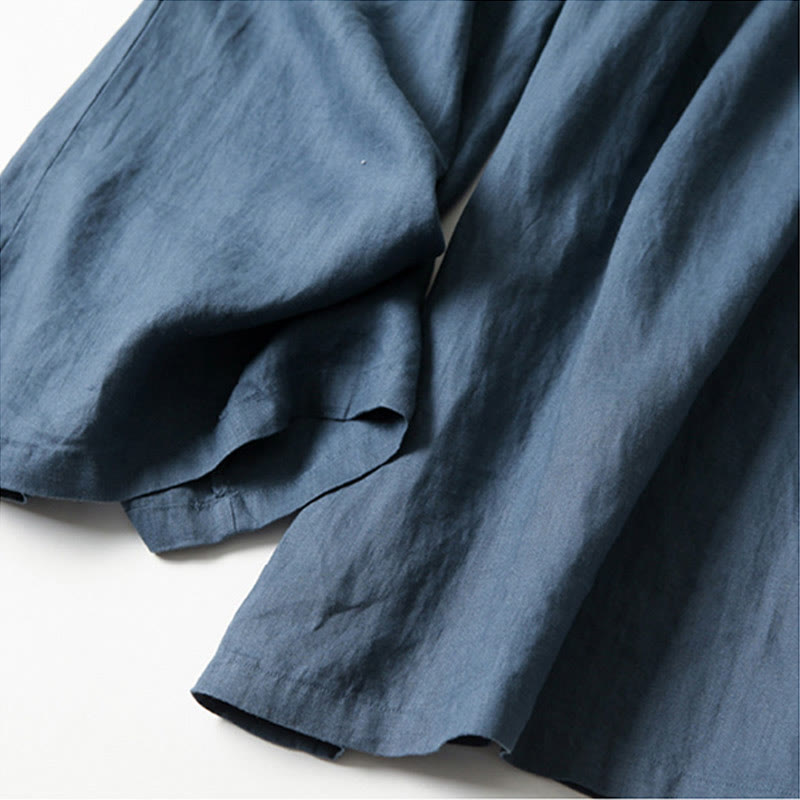 Plain Color Cotton Linen High Waist Wide Leg Pants With Pockets