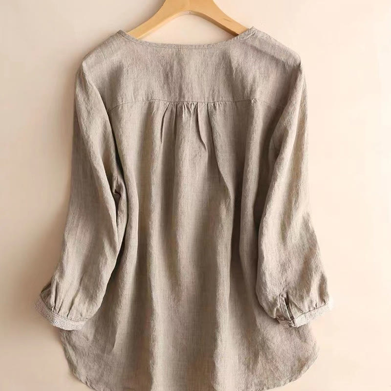 Casual Plain Women's Hollow Crew Neck Design Three Quarter Sleeve Cotton Linen Shirt