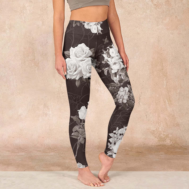 Gray White Rose Print Gym Fitness Leggings Women's Yoga Pants