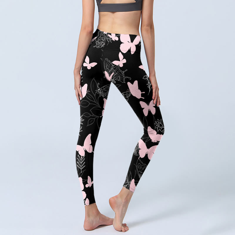Black Butterfly Plant Lines Pattern Print Gym Leggings Women's Yoga Pants
