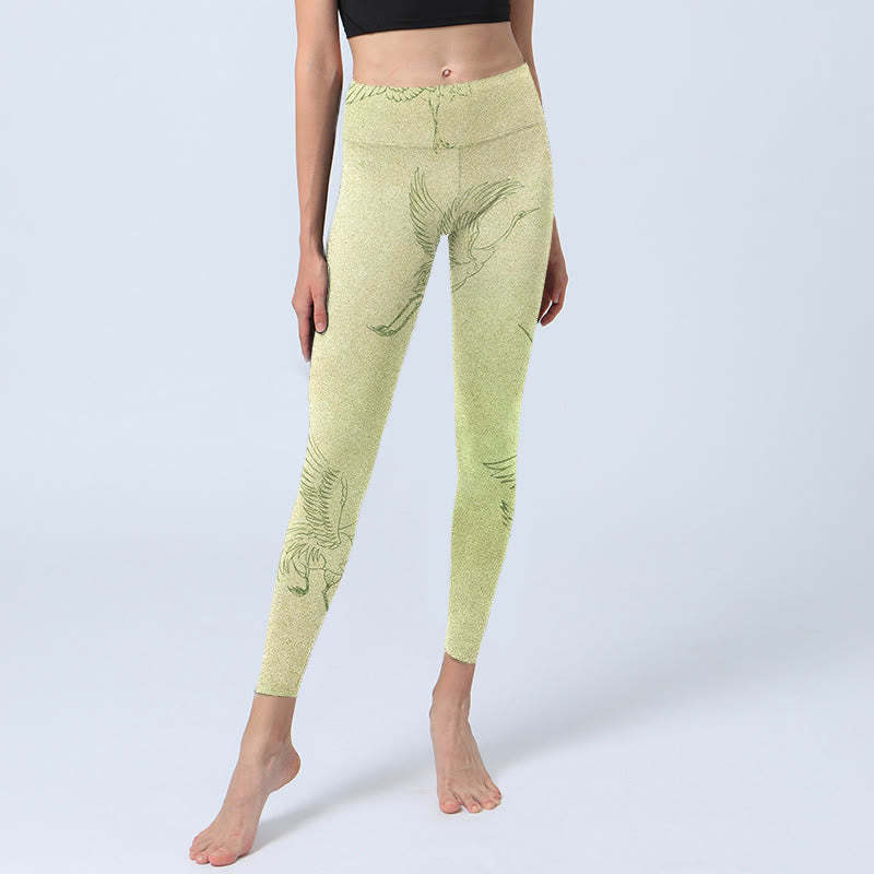 Light Yellow Crane Print Sports Leggings Women's Yoga Pants