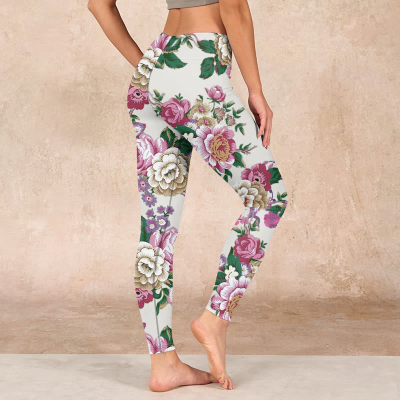 Red White Peony Flower Print Sports Leggings Women's Yoga Pants