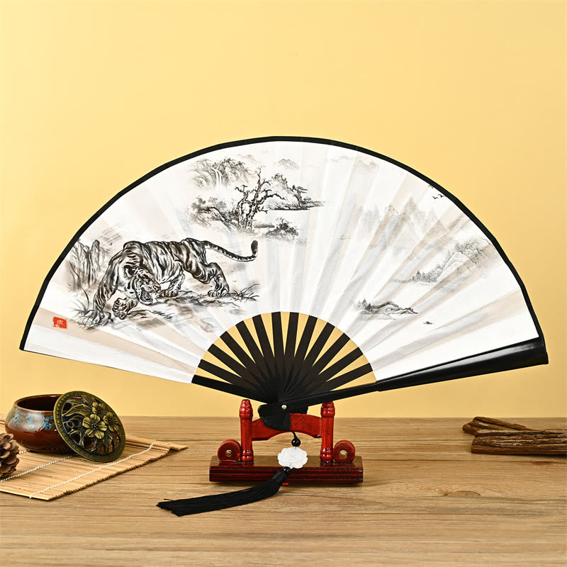 Vintage Phoenix Nine-Tailed Fox Flower Bamboo Tiger Handheld Folding Fan Lotus Tassel Fan