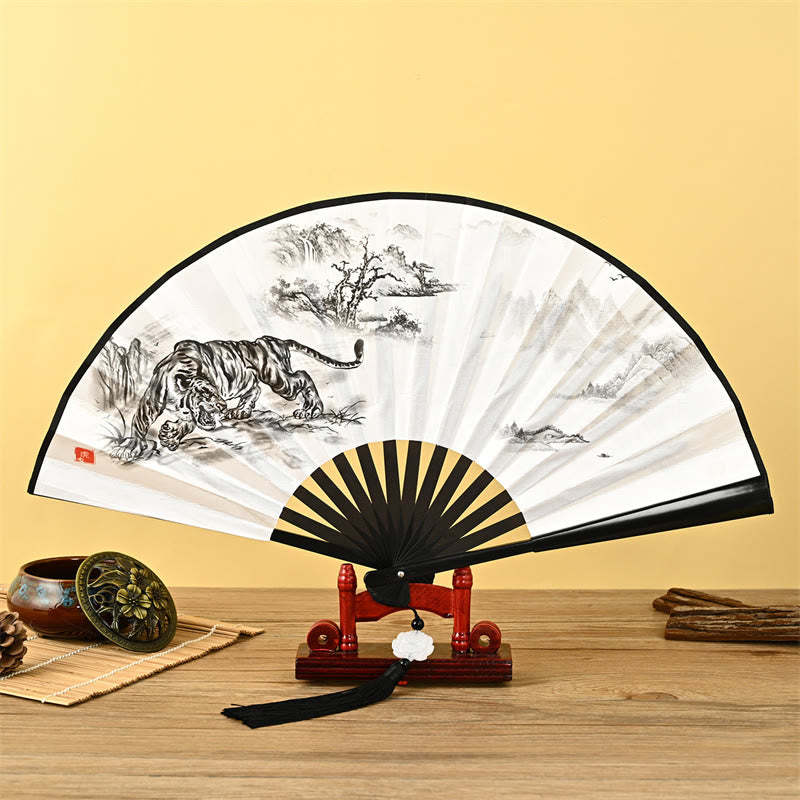 Vintage Phoenix Nine-Tailed Fox Flower Bamboo Tiger Handheld Folding Fan Lotus Tassel Fan