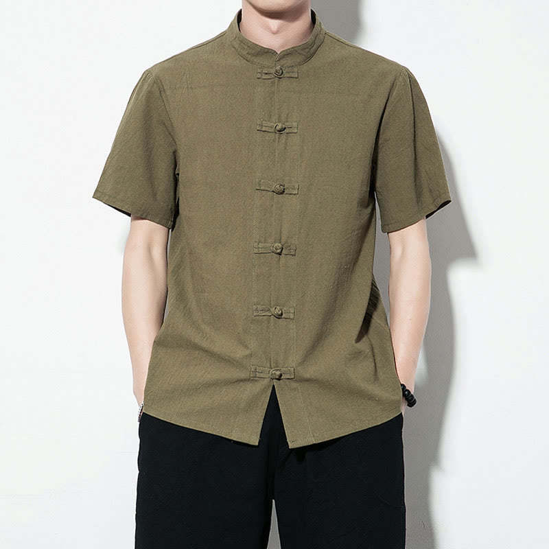Casual Solid Color Front Frog Buttons Chinese Tang Suit Short Sleeve Linen Men's Shirt