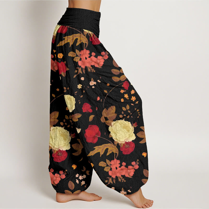 Rose Flowers Leaves Totem Pattern Women's Elastic Waist Harem Pants
