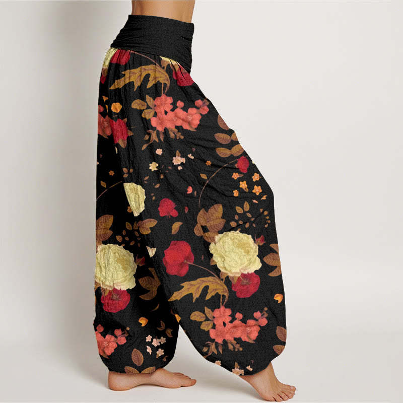 Rose Flowers Leaves Totem Pattern Women's Elastic Waist Harem Pants