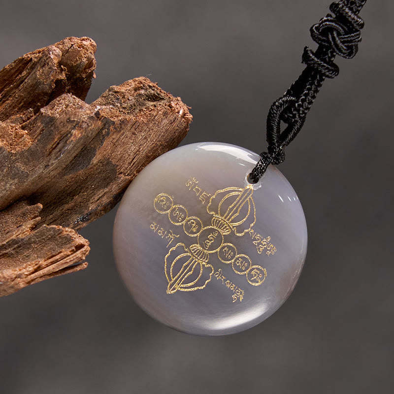 Vajra Dorje Sanskrit Pattern Natural Various Crystal Black Obsidian Fulfilment Necklace Pendant