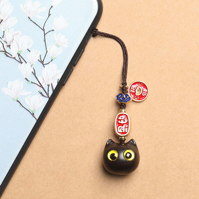 Ebony Wood Lucky Cat Auspicious Cloud Peace Key Chain Phone Hanging Decoration