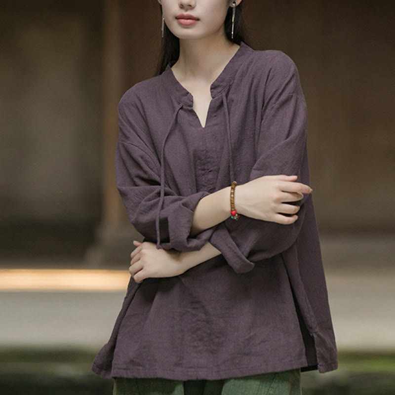 Retro Solid Color Long Sleeve Ramie Linen Women's Shirt