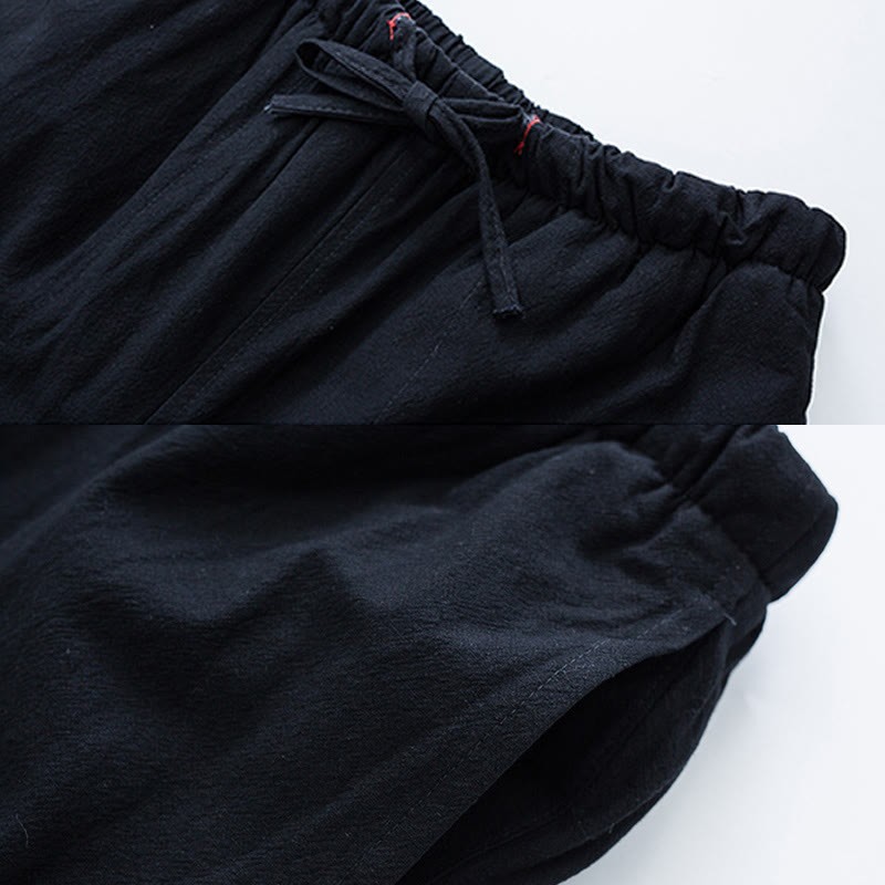 Winter Solid Men's Drawstring Cotton Fleece Lined Pants With Pockets