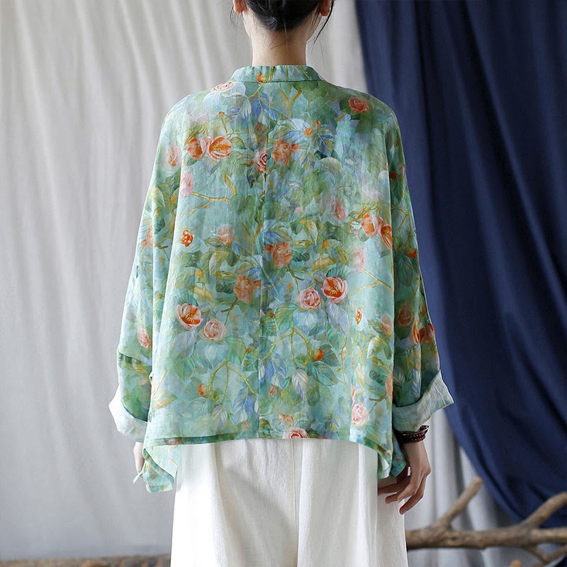 Pink Flowers Green Leaves Print Frog-button Design Long Sleeve Ramie Linen Jacket Shirt