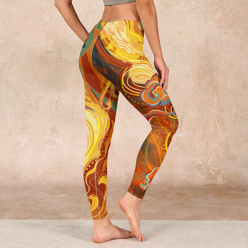 Golden Auspicious Cloud Waves Print Gym Leggings Women's Yoga Pants