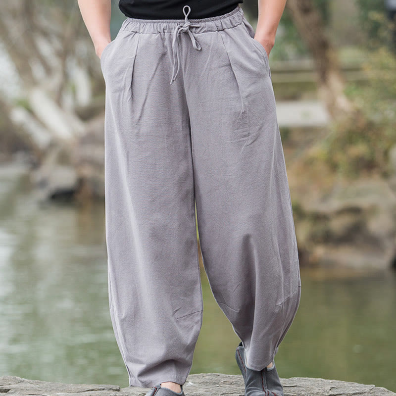 Plain Casual Linen Bloomer Men's Pants With Pockets