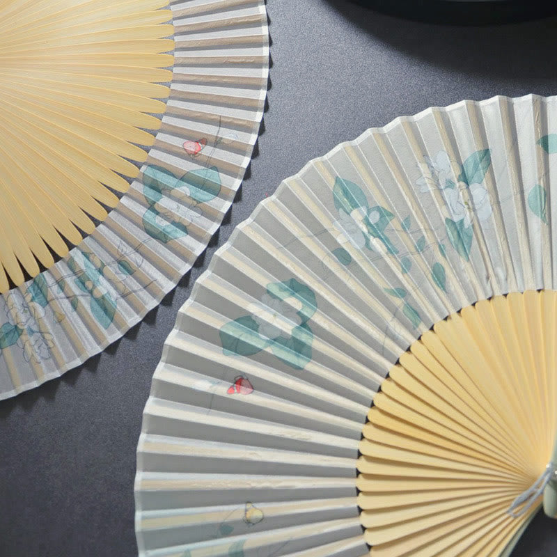 Gardenia Cherry Blossom Moon Handheld Polyester Bamboo Folding Fan 21cm