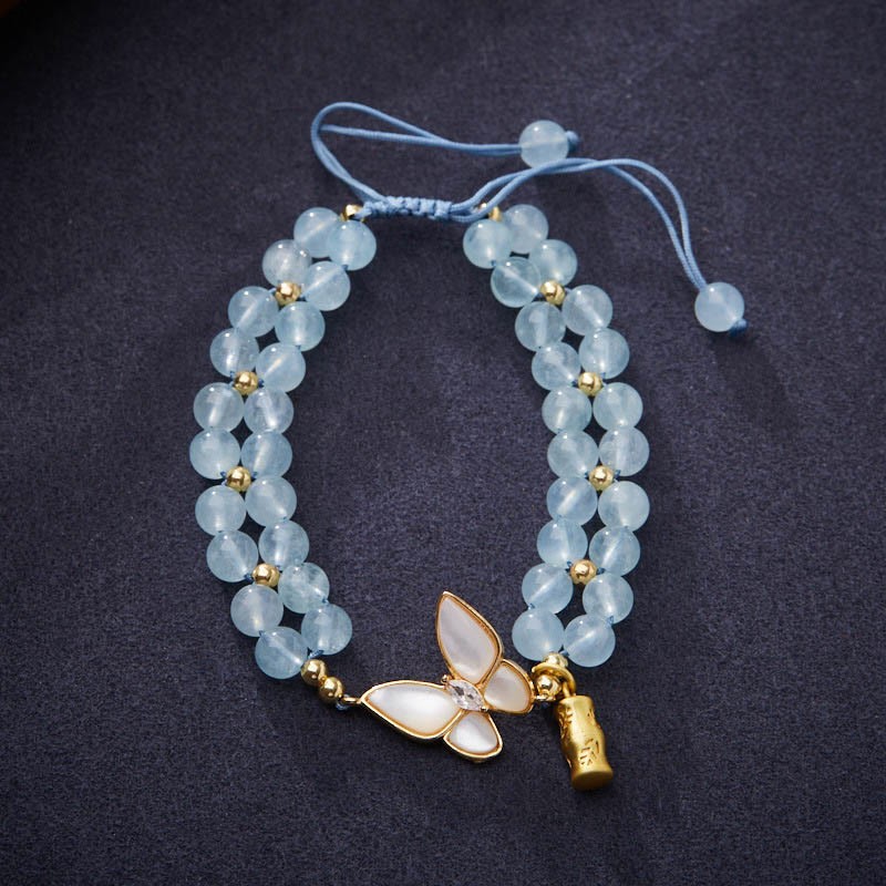 Natural Aquamarine Amethyst Moonstone Butterfly Bamboo Healing Bracelet