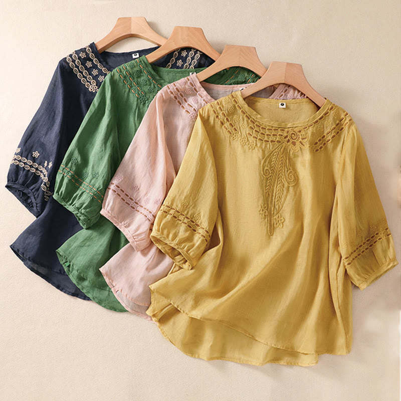 Women's Crew Neck Hollow Design Half Sleeve Cotton Linen Shirt