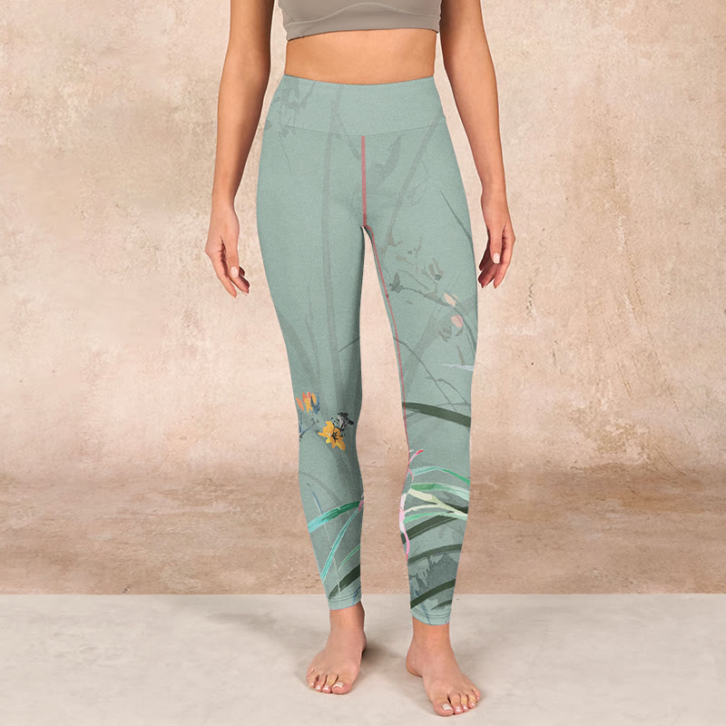 White Pink Orchids Leaves Print Gym Leggings Women's Yoga Pants