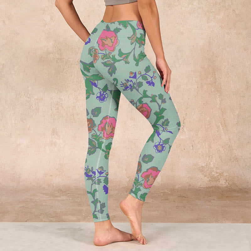 Green Red Roses Green Leaves Print Gym Leggings Women's Yoga Pants