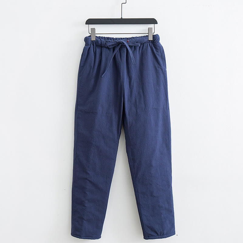 Winter Solid Men's Drawstring Cotton Fleece Lined Pants With Pockets