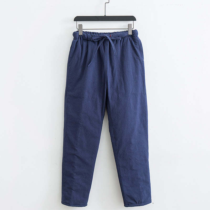 Winter Solid Men's Drawstring Cotton Fleece Lined Pants With Pockets