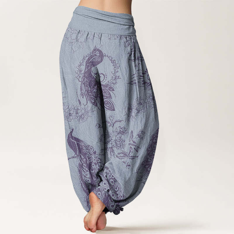 Casual Peacock Peony Flower Women's Elastic Waist Harem Pants