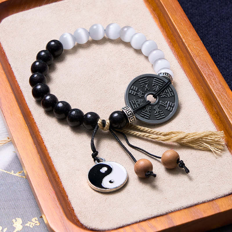 Cat's Eye Ebony Wood Yin Yang Bagua Coin Support Rope Bracelet