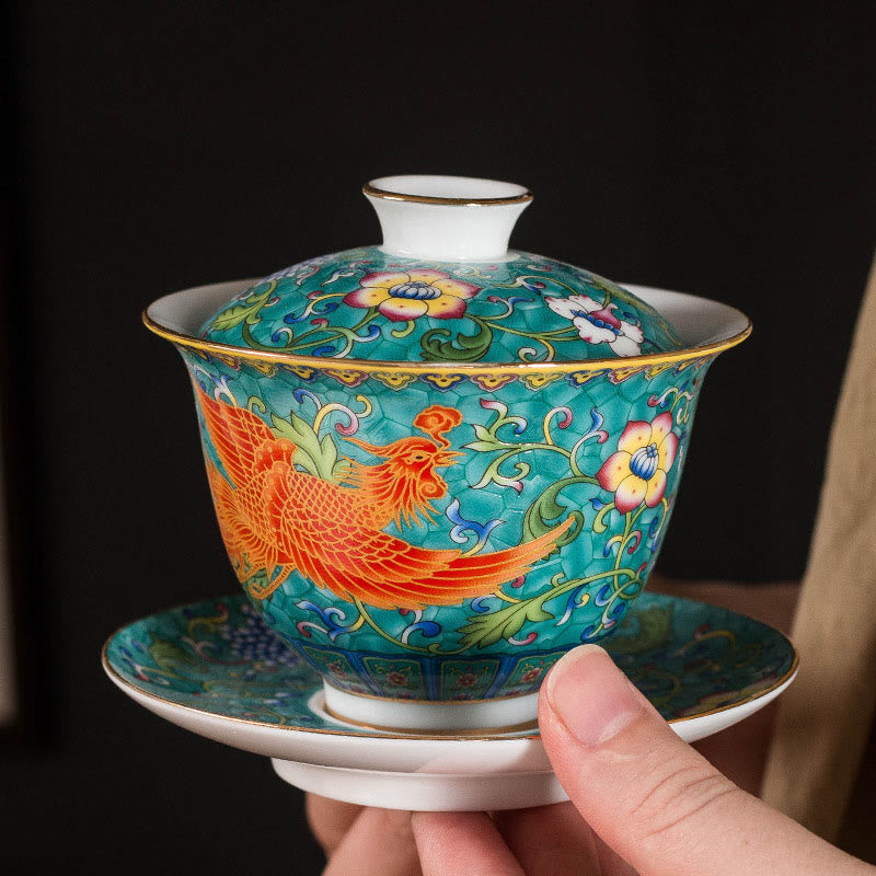 Dragon Phoenix Flower Design Ceramic Gaiwan Sancai Teacup Kung Fu Tea Cup And Saucer With Lid