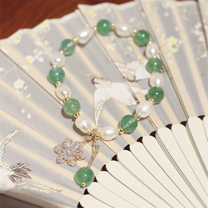 Natural Green Strawberry Quartz Pearl Flower Charm Love Bracelet