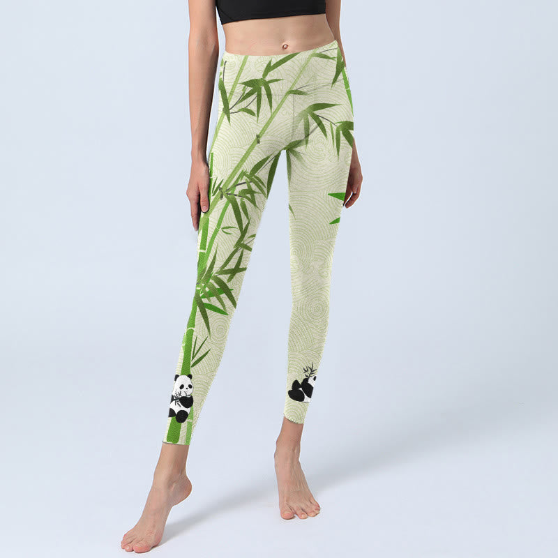 Lush Bamboo Panda Auspicious Cloud Waves Print Gym Leggings Women's Yoga Pants