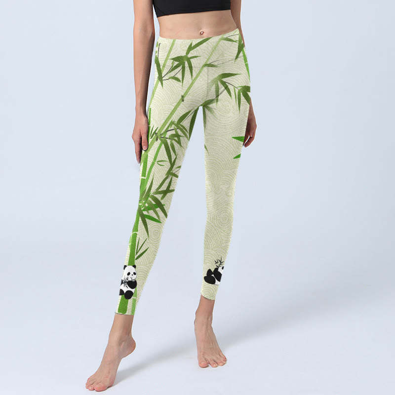 Lush Bamboo Panda Auspicious Cloud Waves Print Gym Leggings Women's Yoga Pants