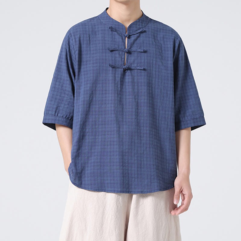 Frog-Button Plaid Pattern Chinese Tang Suit Half Sleeve Shirt Cotton Linen Men Clothing