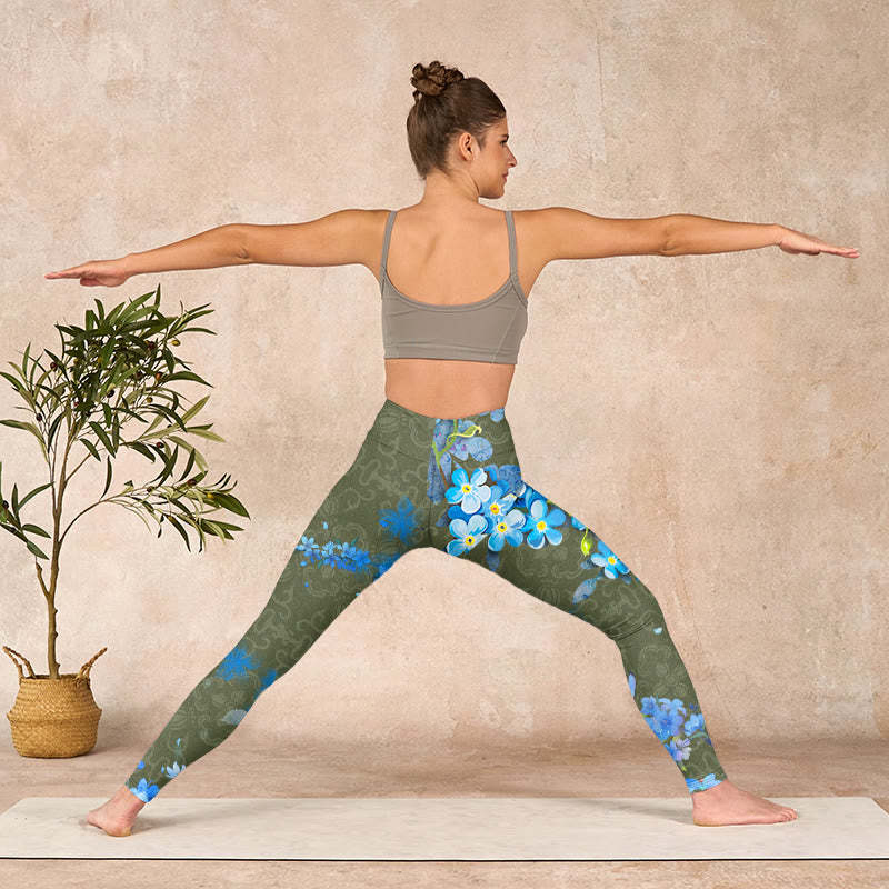 Blue Flowers Butterflies Print Gym Leggings Women's Yoga Pants