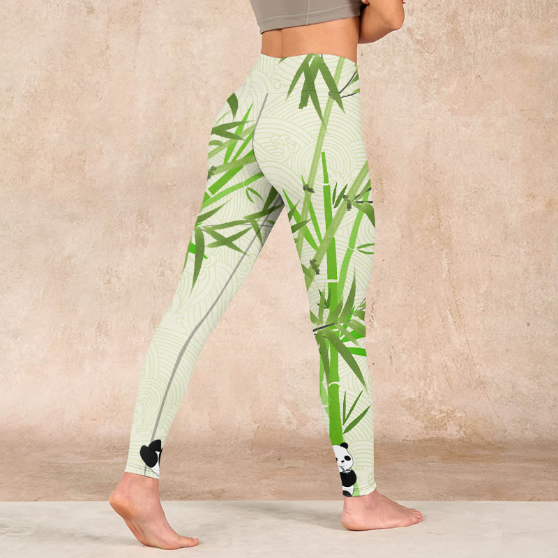 Lush Bamboo Panda Auspicious Cloud Waves Print Gym Leggings Women's Yoga Pants