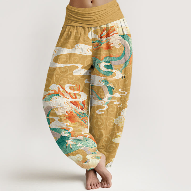 Vibrant Dragon White Auspicious Clouds Women's Elastic Waist Harem Pants