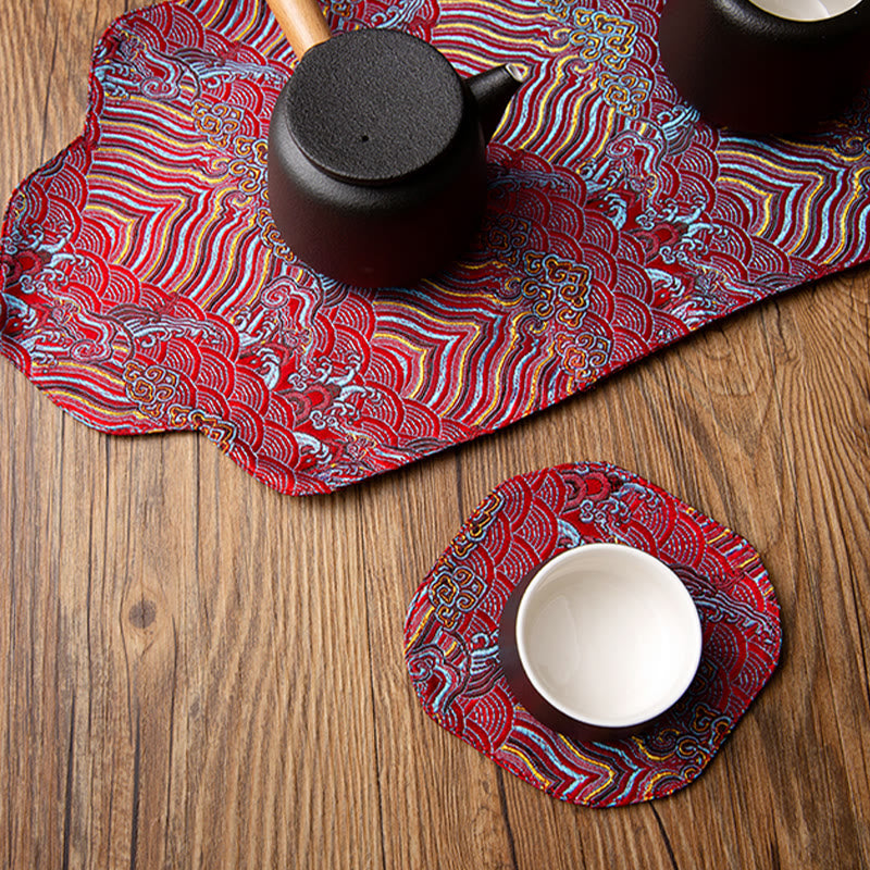 Sea Wave Bamboo Plum Blossom Brocade Embroidery Cup Mat Pad Tea Cup Coaster Kung Fu Tea Mat