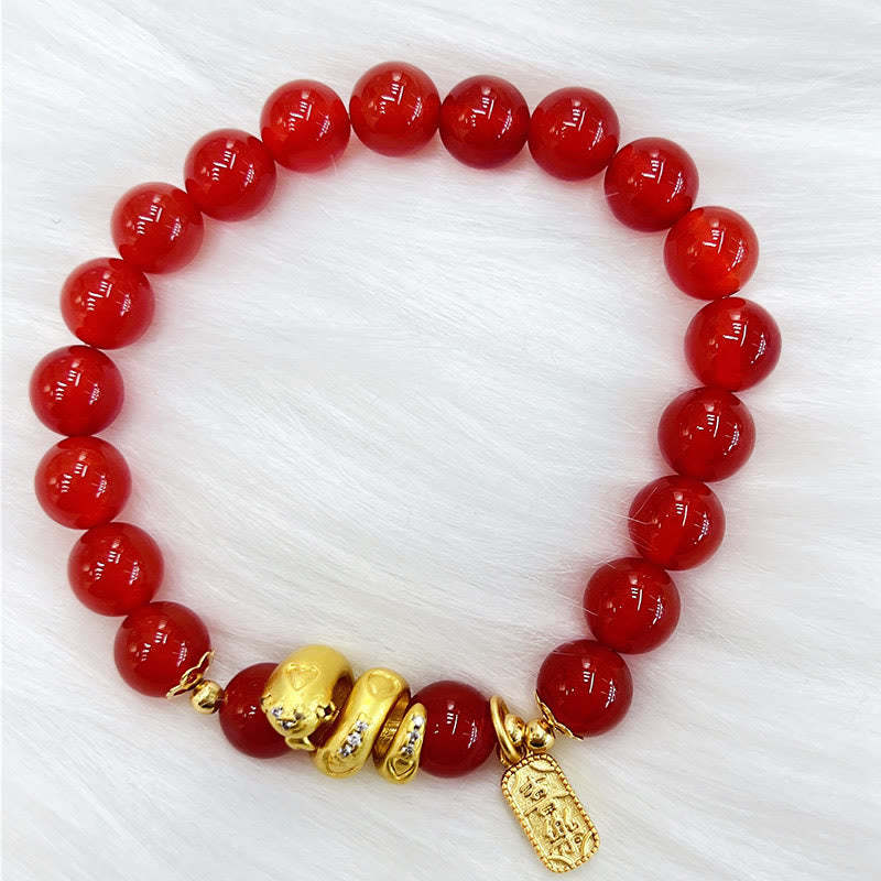 Red Agate Gold Plated Copper Peace And Joy Safe Plate Year of the Snake Confidence Bracelet