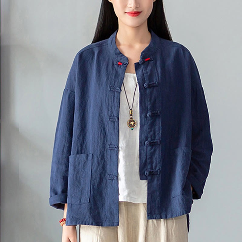 Solid Color Frog-button Long Sleeve Linen Women's Shirts With Pockets