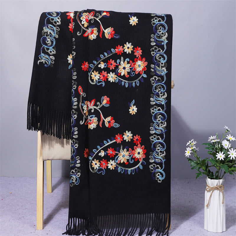 Polyester Shawl Colorful Flower Ethnic Style Embroidery Tassel Winter Cozy Travel Scarf Wrap