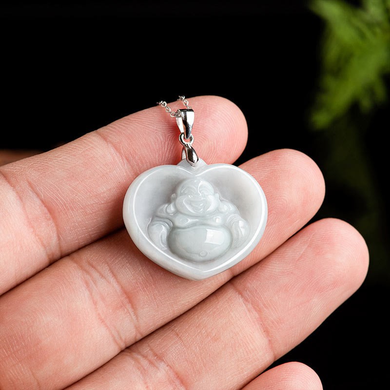 925 Sterling Silver Laughing mystic zen White Jade Luck Blessing Necklace Pendant