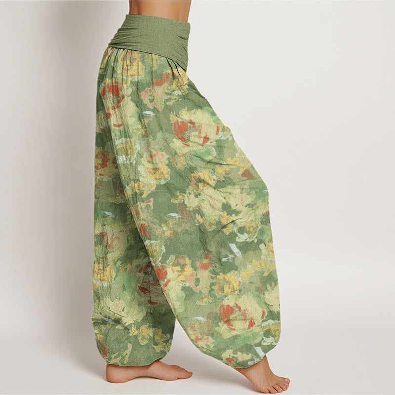 Rose Flowers Pattern Women's Elastic Waist Harem Pants