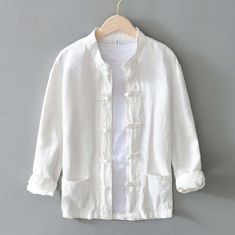 Frog-Button Chinese Tang Suit Ramie Linen Cotton Men Jacket Shirt With Pockets