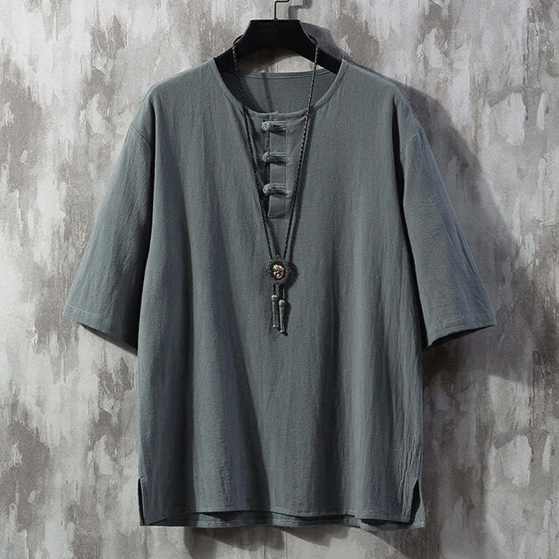 Frog-Button Plain Color Chinese Tang Suit Half Sleeve Shirt Linen Men Clothing