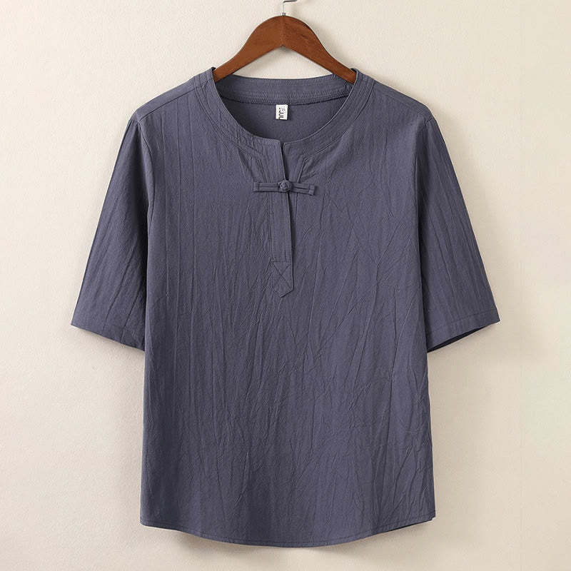 2Pcs Simple Design Chinese Frog-Button Shirt Drawstring Wide Leg Pants With Pockets Men's Meditation Cloth Set