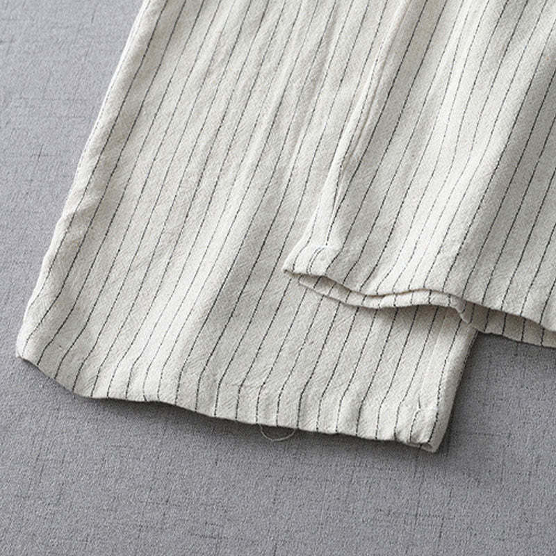 Vertical Striped Cotton Linen High Waist Wide Leg Pants With Pockets